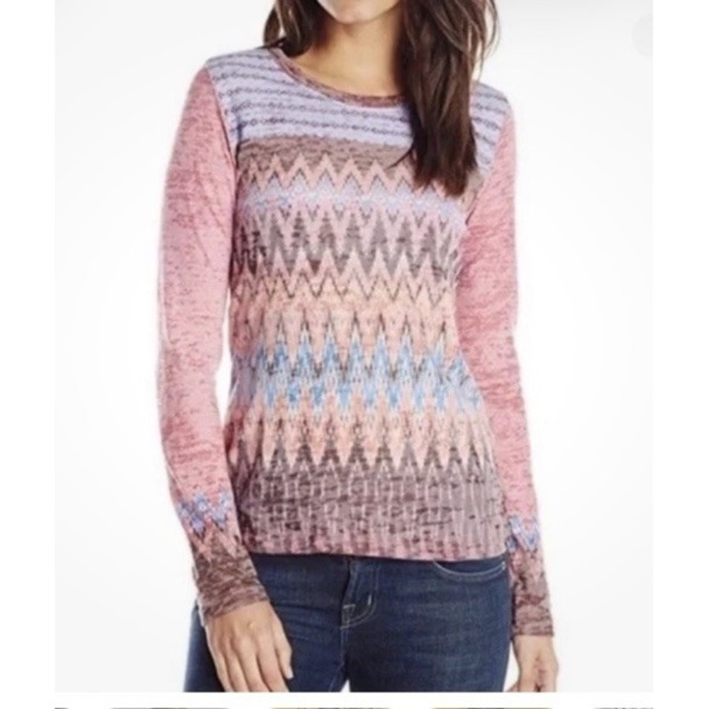 PrAna Lottie Long Sleeve Top S Small Rhubarb Aztec Chevron Lightweight Knit Crew